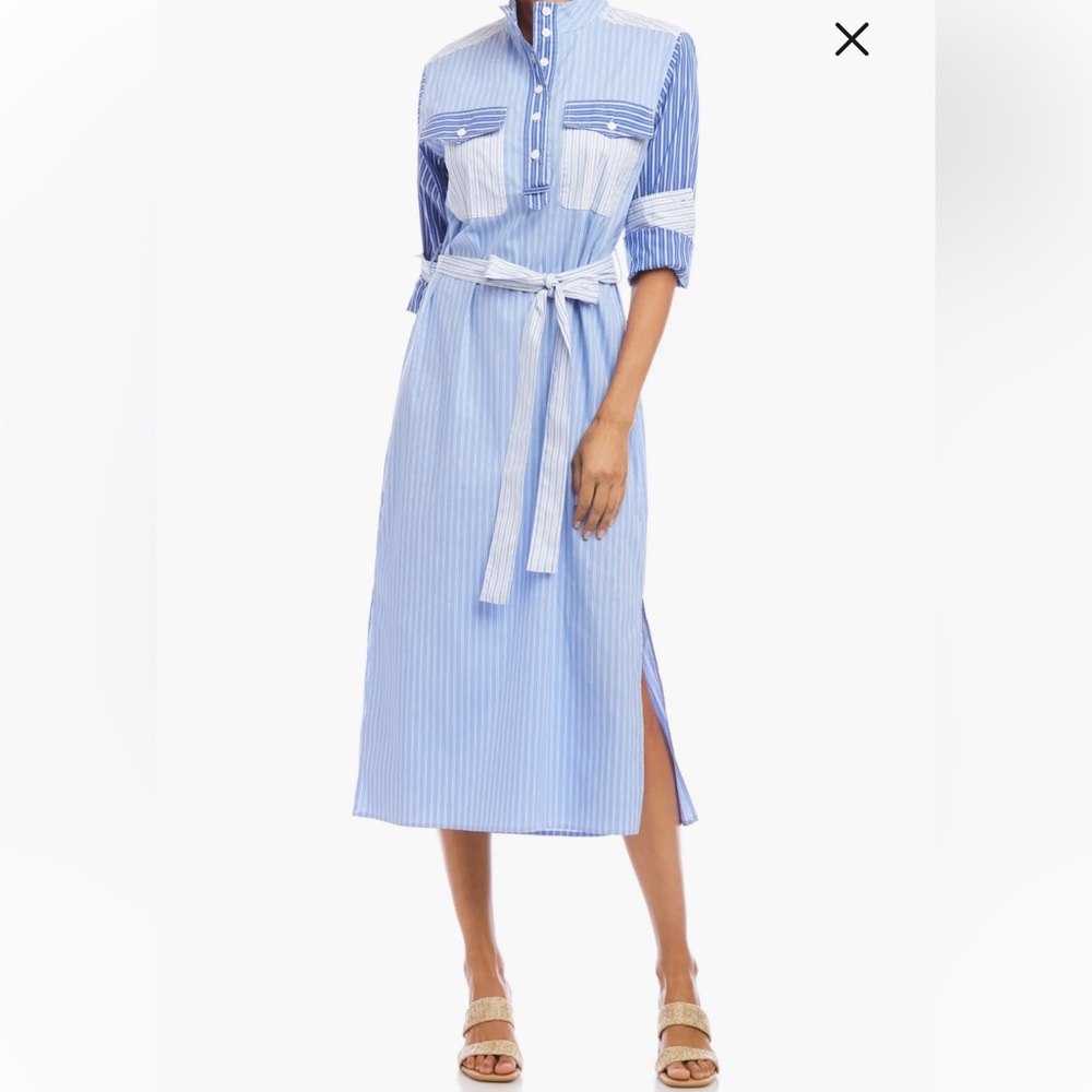 Karen Kane Mixed Stripe Belted Long Sleeve Shirtdress Sz L NWT